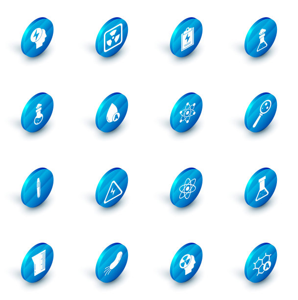 设置放射性，实验室剪贴板与检查表，试管和化学瓶，镊子，水滴，微生物在放大镜和原子图标。向量图片下载