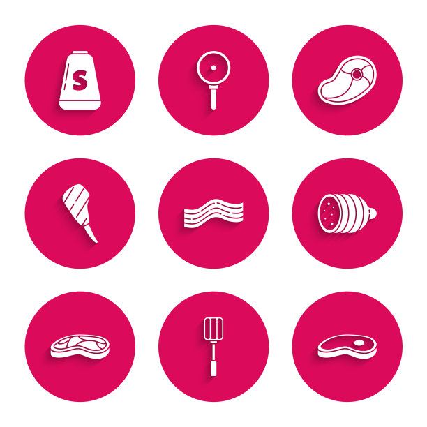 Set Bacon stripe, Spatula, Steak meat, Salami sausage, Rib eye Steak, and Salt icon。向量图片下载