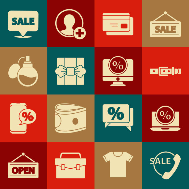 设置电话24小时支持，百分比折扣和笔记本电脑，皮带，信用卡，礼品盒，香水，挂标志与销售和显示器图标。向量图片下载