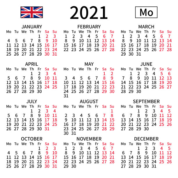 英语日历2021年，周一图片下载