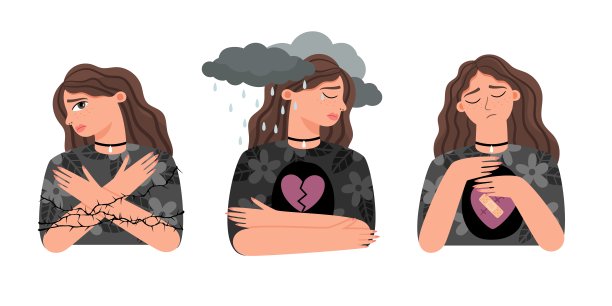女孩不幸福的爱情。卡通女性与悲伤的情绪设定，破碎的心的心理概念，向量插图失望女性与紊乱的心理健康图片下载