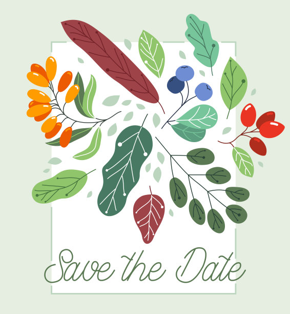 贺卡与成熟的野生浆果和新鲜的绿叶矢量平面绘图，花卉设计组成饮食天然食品模型，邀请或周年纪念主题，祝贺。图片下载