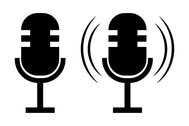麦克风图标。播客广播会徽。声音的象征。音频记录。黑色的设计。矢量插图。股票的形象。每股收益10。图片下载