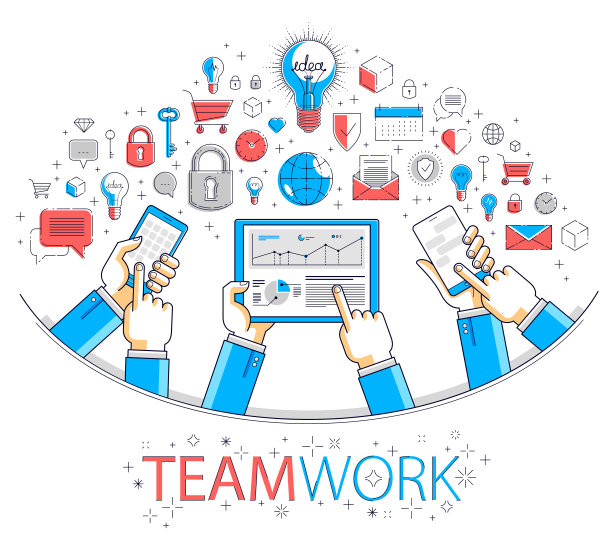 互联网团队工作在线团队使用小工具和应用程序工作和交流，商人手与手机和平板电脑，矢量插图。图片下载