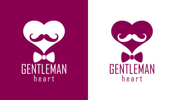 男士心形矢量图标或标志，心形领带胡子和眼镜符号，男士俱乐部，男性潮人风格和时尚。图片下载
