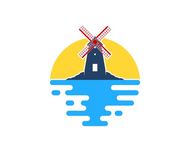 风车在抽象的大海和夕阳的后面图片下载