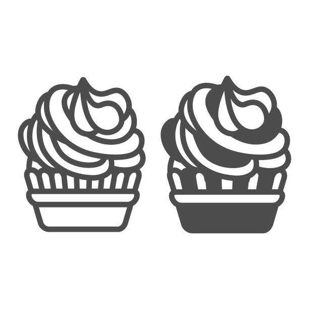 纸杯蛋糕与掼奶油糖霜，生日蛋糕线和固体图标，糕点概念，松饼矢量符号在白色背景，轮廓风格图标的移动概念和网页设计。矢量图形。图片下载