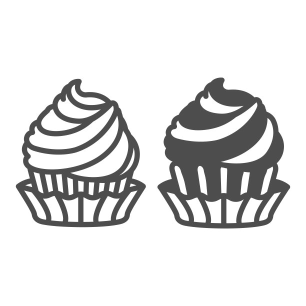 奶油糖霜杯蛋糕，两种口味的线和固体图标，糕点概念，白色背景上蓬松的松饼矢量符号，轮廓风格图标的移动概念和网页设计。矢量图形。图片下载