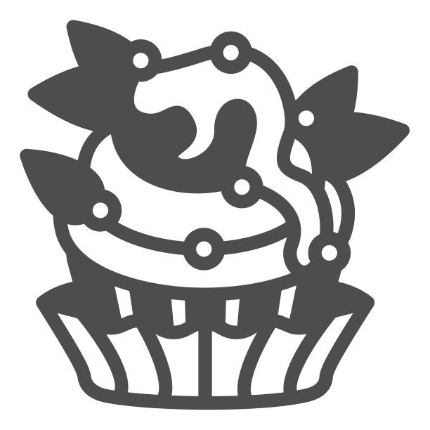 纸杯蛋糕与糖霜，糖珠和叶子装饰固体图标，糕点概念，松饼矢量符号在白色背景，字形风格图标的移动概念和网页设计。矢量图形。图片下载