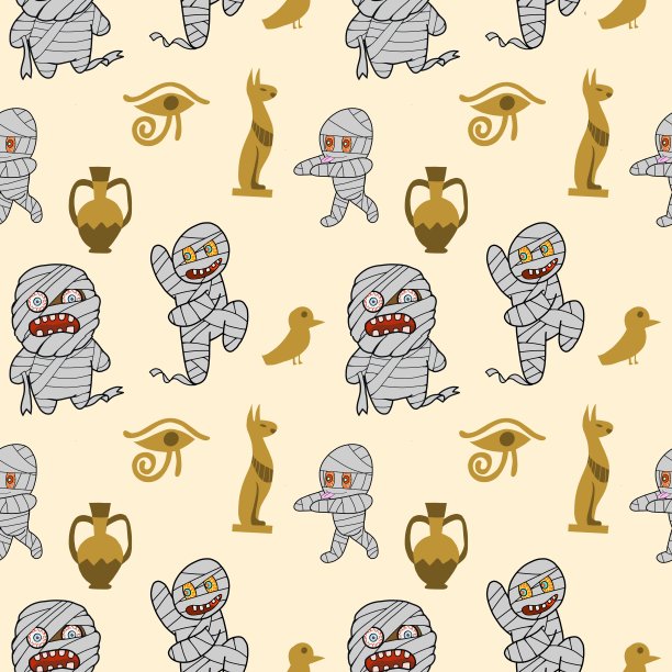 可爱的木乃伊和古埃及文明文物符号无缝图案万圣节卡通人物背景图片下载