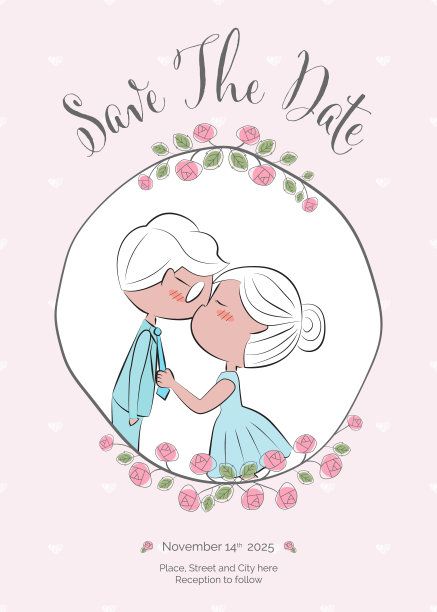 婚礼或情人节情侣接吻的粉红色心形背景模板图片下载