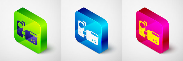 等距电影摄像机图标隔离在灰色背景。摄像机。电影的迹象。电影放映机。方形按钮。向量图片下载