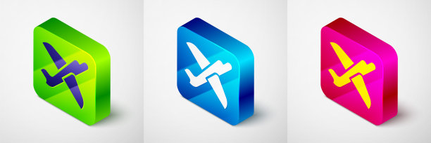 等距玩具飞机图标孤立在灰色背景。飞行的飞机图标。客机的迹象。方形按钮。向量图片下载