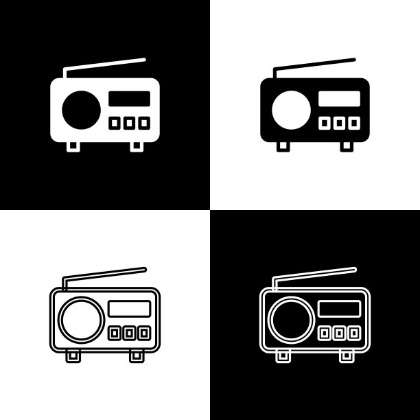 设置收音机与天线图标隔离在黑白背景。向量图片下载