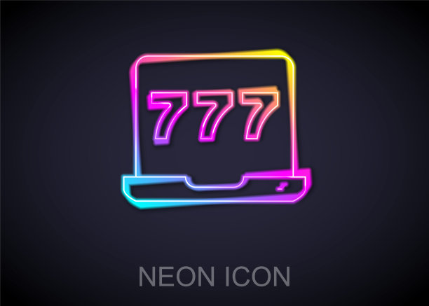 发光的霓虹灯线笔记本电脑和老虎机与幸运七大奖图标孤立在黑色背景。在线赌场。向量图片下载