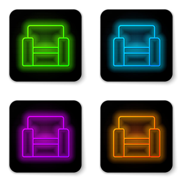 发光的霓虹灯线电影院椅子图标孤立在白色背景。黑色方形按钮。向量图片下载