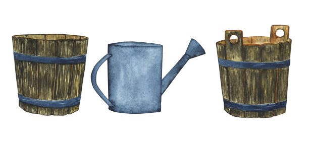 水壶和木篮子被隔离在白色背景上。水彩手绘插画花园工具。完美的贴纸，打印，卡片。图片下载