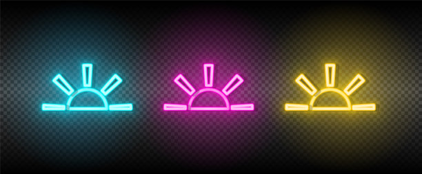 太阳蓝色，粉红色和黄色霓虹灯矢量图标集图片下载