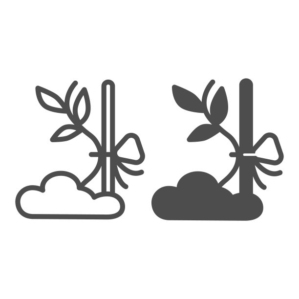 树苗绑到支柱线和固体图标，园艺概念，植物绑到粘贴矢量标志的白色背景，轮廓风格图标的移动概念和网页设计。矢量图形。图片下载