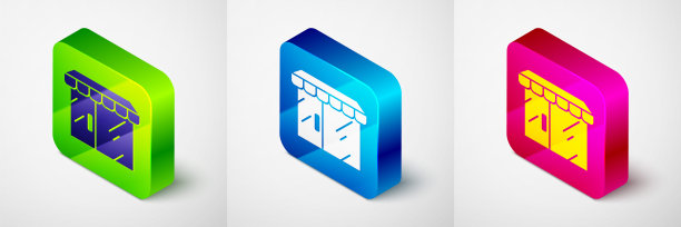 等距购物建筑或市场商店图标孤立在灰色背景。店建设。方形按钮。向量图片下载