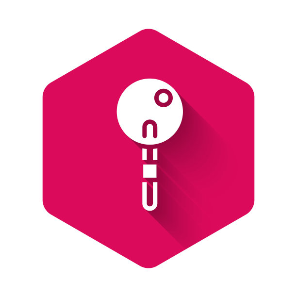 白色棒棒糖图标孤立与长阴影背景。食物,美味的象征。粉红色的六角按钮。向量图片下载