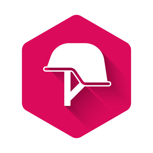 白色军用头盔图标与长阴影背景隔离。军帽象征防御和保护。防护帽。粉红色的六角按钮。向量图片下载