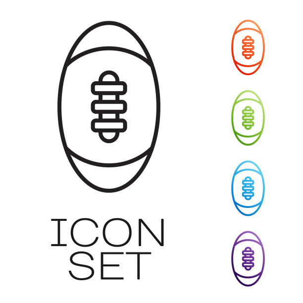 黑线美式足球图标孤立在白色的背景。橄榄球图标。团队运动游戏的象征。设置图标丰富多彩。向量图片下载