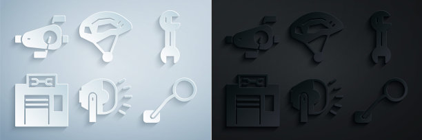 设置自行车头灯，扳手扳手，维修服务，后视镜，头盔和踏板图标。向量图片下载