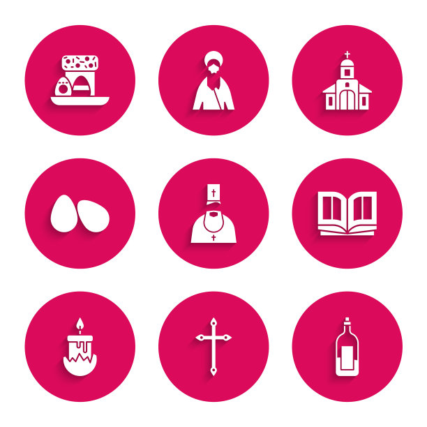 设置牧师，基督教十字架，一瓶酒，圣经书，燃烧的蜡烛，复活节彩蛋，教堂建筑和蛋糕图标。向量图片下载