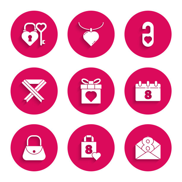 套装礼盒、爱心、购物袋、信封、日历、手提袋、防乳癌丝带、请勿打扰、城堡钥匙形状图标。向量图片下载