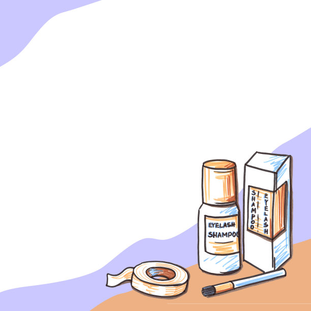 模板背景睫毛扩展大师。紫色，橙色，紫色和白色的文本背景。毛笔美蓝色和棕色的工具元素在线条艺术的风格为鞭笞。睫毛膏、睫毛膏、睫毛刷等美容用药图片下载