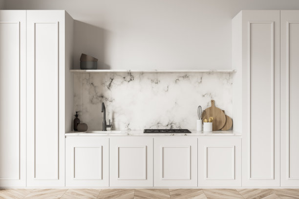 现代白色厨房内部与橱柜面板图片下载