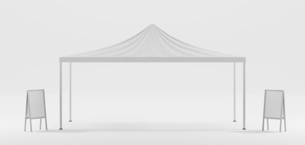 白色折叠帐篷，夹有广告牌，用于节日街道、市场展览、户外贸易。真实的模型雨棚与空白的人行道广告站孤立在白色背景3d渲染图片下载