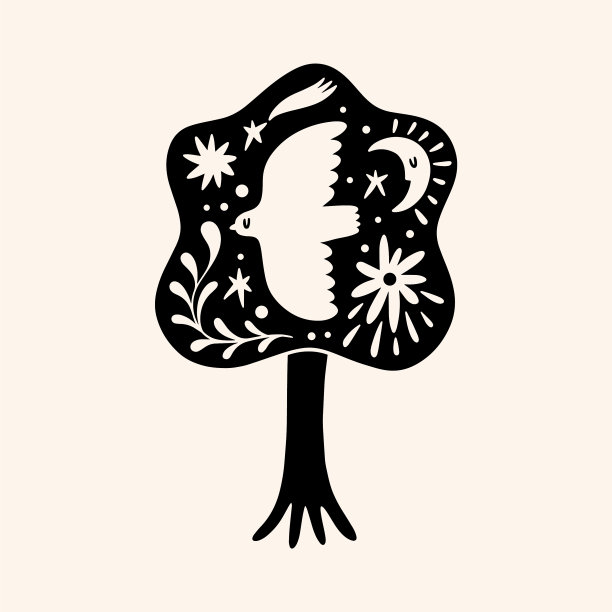 可爱的斯堪的纳维亚鸟和树艺术民间乡村图片下载