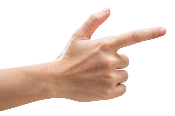 女人的手触摸或指向白色背景上孤立的东西。图片下载