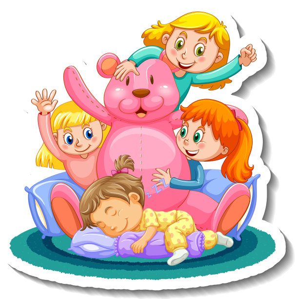 有三个穿着睡衣的孩子的贴纸模板图片下载