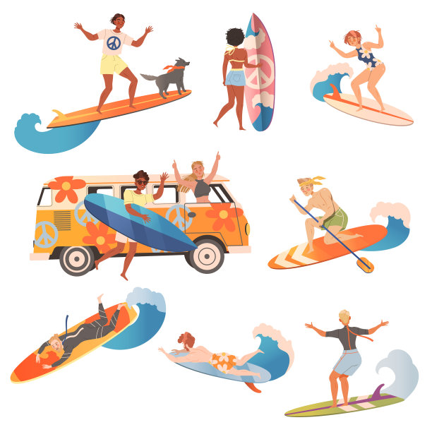 人们在冲浪板上冲浪，骑着移动的波浪图片下载