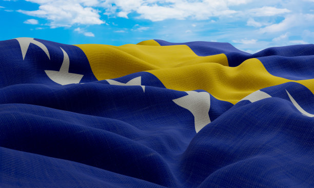 波黑国旗迎风飘扬。现实和波浪织物旗。3 d渲染。图片下载