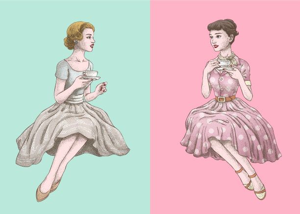 复古女性在一起喝茶图片下载