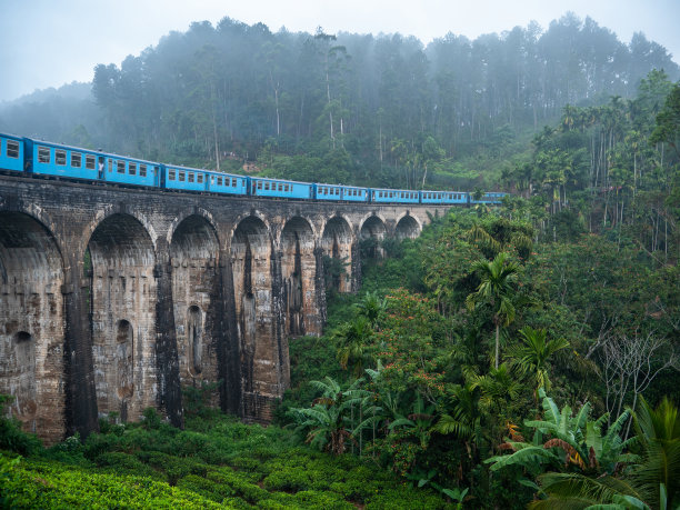 蓝色火车经过斯里兰卡著名的九拱桥高架桥埃拉图片下载