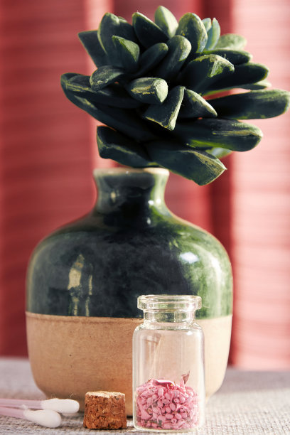 小玻璃罐粉红色芳香花瓣和蓝色多汁在水疗沙龙。化妆和医疗保健的背景和概念图片下载