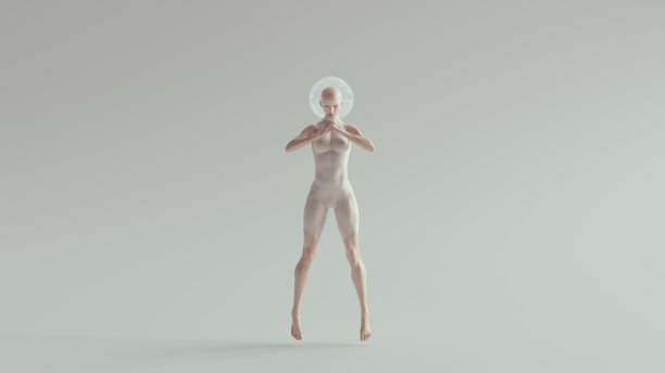 高大的未来科幻芭蕾舞女太空人身穿白色紧身套装，戴着复古玻璃碗头盔图片下载