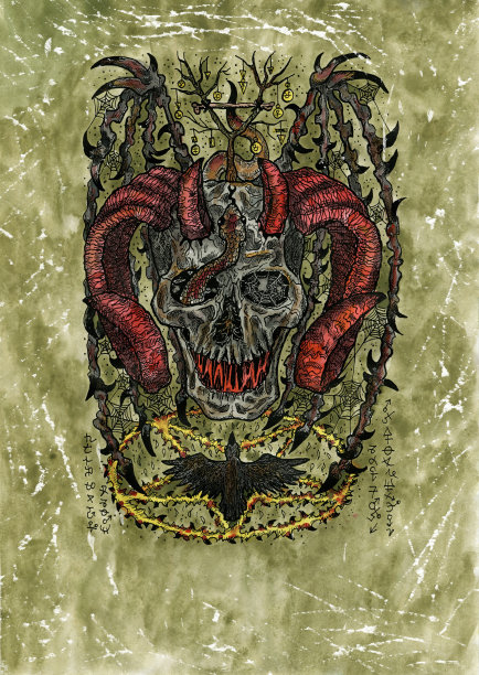 肮脏的水彩插图，令人毛骨悚然的魔鬼头骨或恶魔与角，翅膀和乌鸦。图片下载