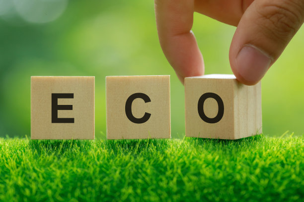 文字ECO在木板上绿色阳光的背景。拯救环境，拯救清洁地球，生态理念。环保的农产品。减少人类对生态系统的干预。质量控制。图片下载