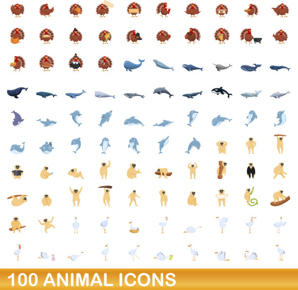 100个动物图标设定卡通风格图片下载