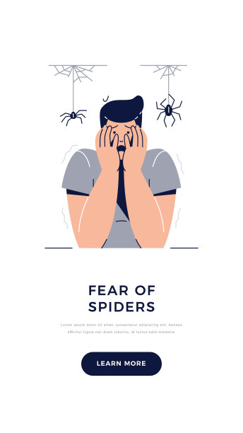 蜘蛛恐惧，蜘蛛恐惧症横幅。担惊受怕的人性格与手放在脸上是害怕蜘蛛。非理性恐惧，恐惧症，网络恐慌发作的概念。平面向量插图图片下载