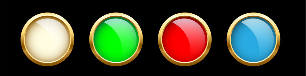 白色，绿色，红色，蓝色圈与黄金框架线设置。圆形电动按钮形状。几何时尚设计矢量插图。黑色背景上的抽象艺术装饰图片下载