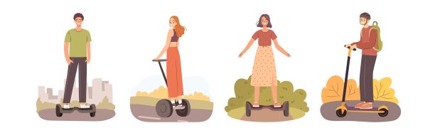 人们在电动交通工具上设置了悬浮滑板、电动踏板车。快乐的女孩和男孩骑着各自的城市车辆。平面向量插图图片下载