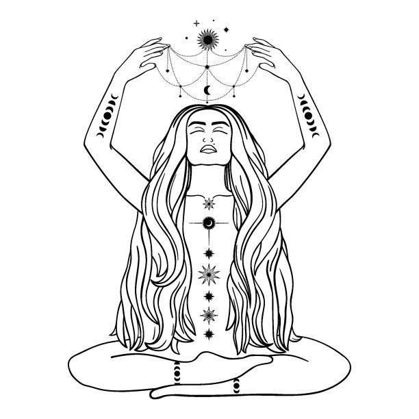 手绘神秘女人与太阳，月亮，星星在线条艺术。精神抽象剪影年轻女子。魔法侧面图，神秘护身符。矢量插图孤立的白色背景图片下载