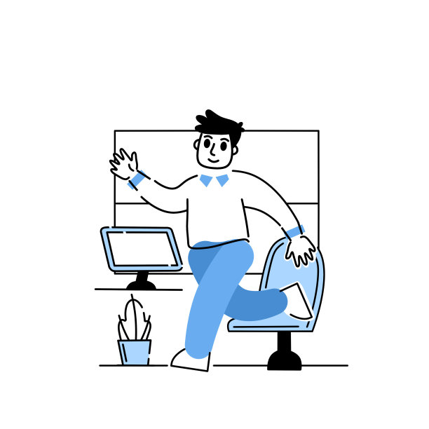 人在办公室。商人去上班。概述工作中快乐的商业性格。线性的办公室内部，有书桌和电脑。现代卡通孤立在白色上图片下载
